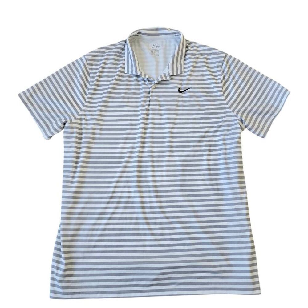Nike Dri-Fit‎ T-Shirt Men's 2XL Gray White Stripe Collared Standard Fit Normcore